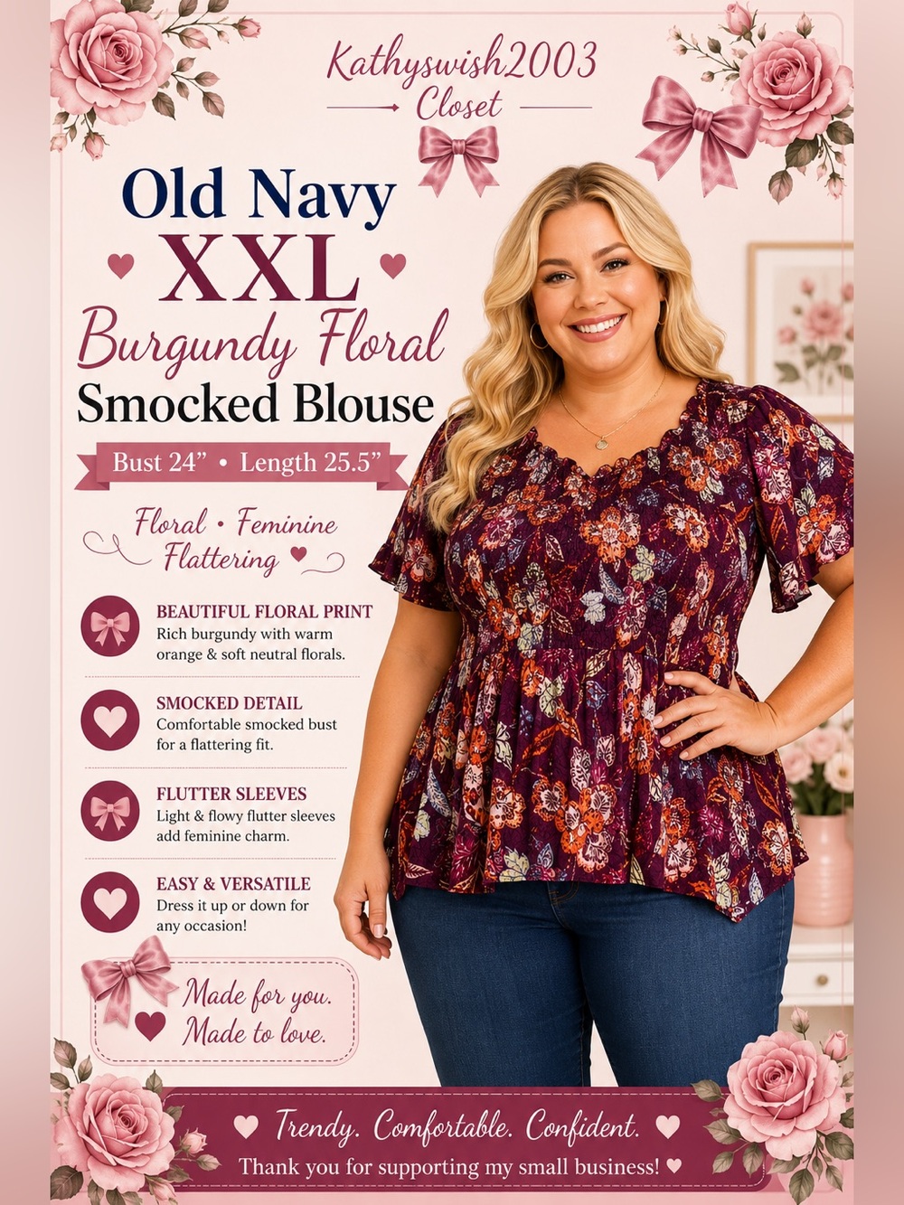 Old Navy XXL Burgundy Floral Smocked Blouse Bust 24” Length 25.5”